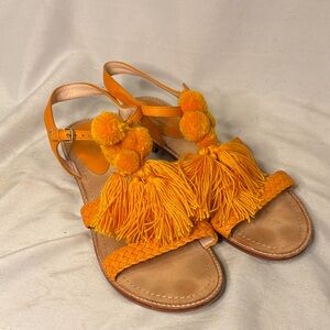 Kate Spade Pom Pom Tassel Flat Leather Sandals Orange Size 10